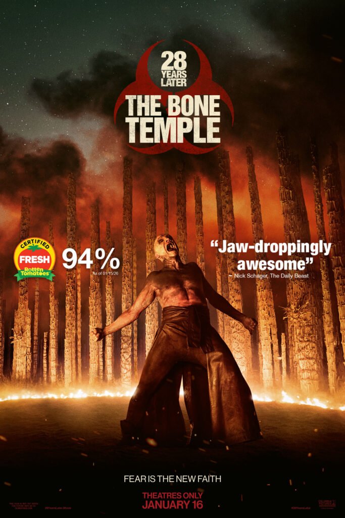 alt="Poster for '28 Years Later: The Bone Temple' showing a decayed, post‑apocalyptic landscape dominated by a looming skeletal temple structure, with silhouettes of survivors approaching through red‑tinged fog."

