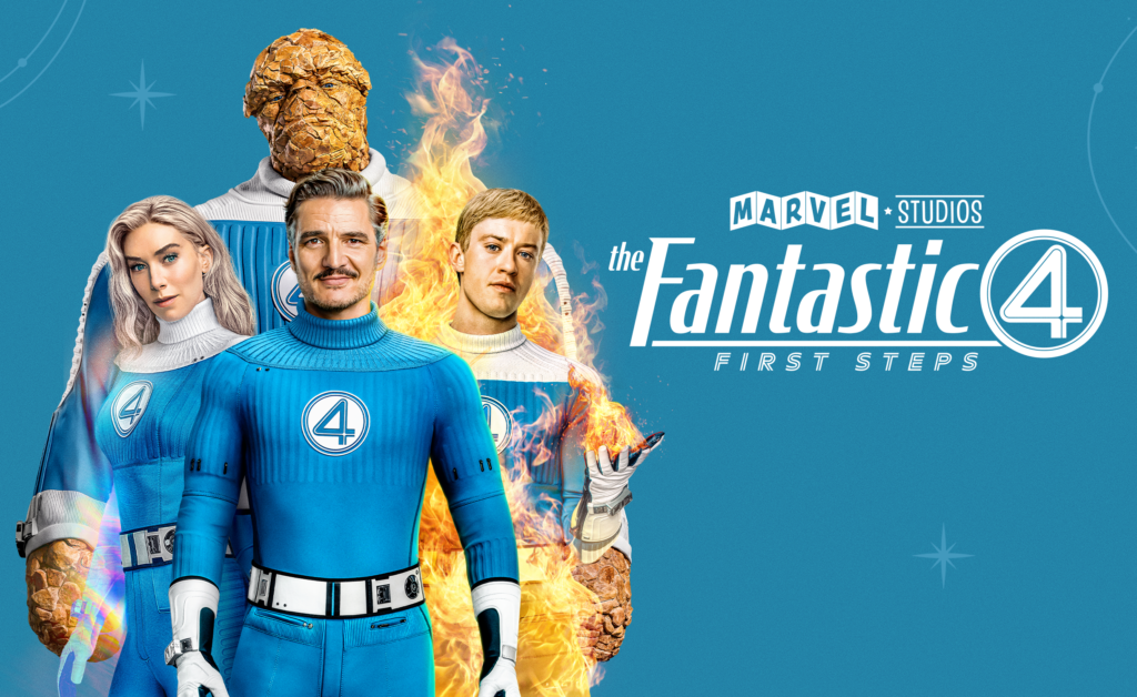 alt="Poster for 'Fantastic Four: First Steps' featuring the four heroes in blue suits with the number 4 emblem, including the rocky Thing, the flaming Human Torch, Mr. Fantastic, and the Invisible Woman against a solid blue background."
