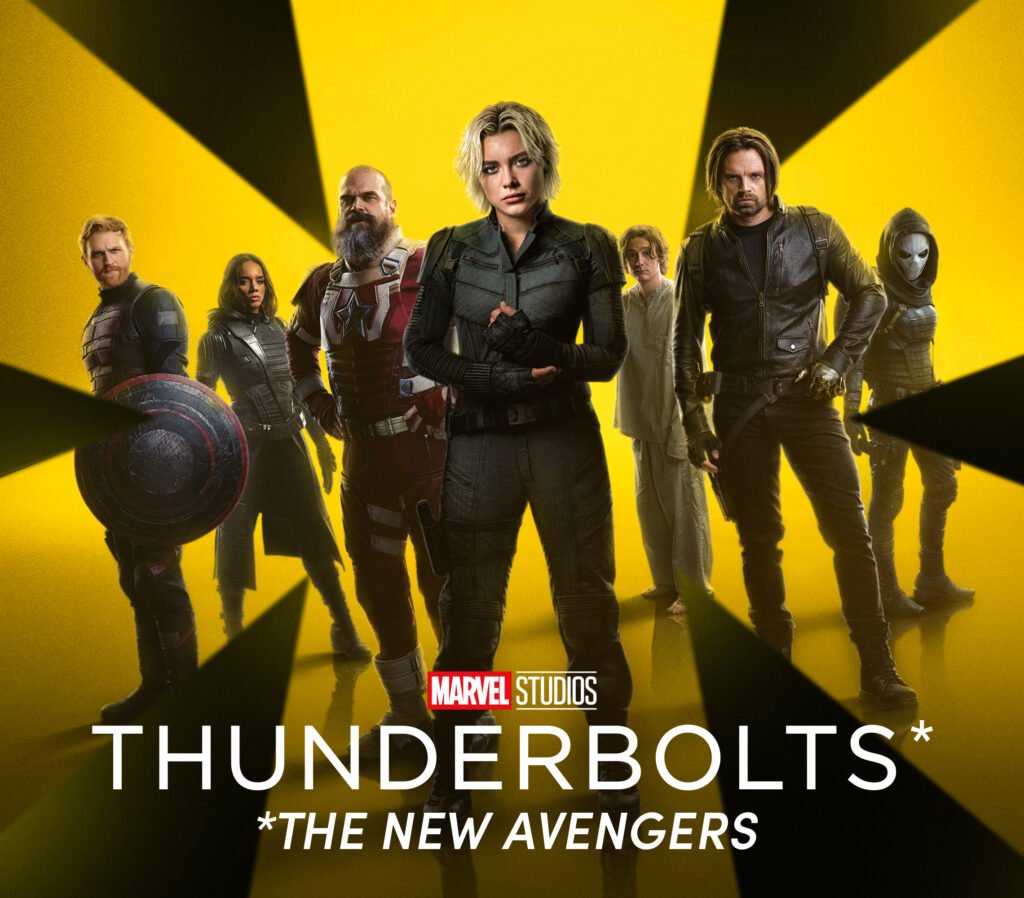 alt="'Movie poster for Marvel Studios' 'Thunderbolts', featuring the main cast—including Yelena Belova, Bucky Barnes, and Red Guardian—standing against a yellow and black background with the tagline 'The New Avengers.">