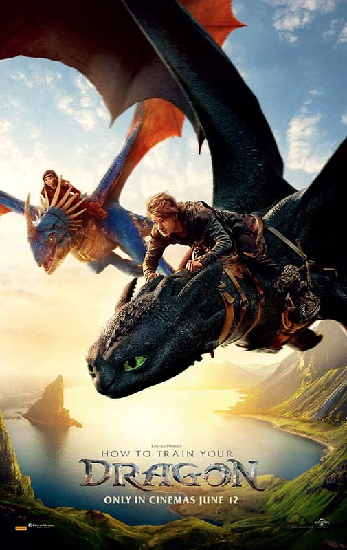 alt="Poster for 'How to Train Your Dragon' showing Hiccup riding Toothless in flight over mountains and water, with another rider on a blue‑and‑orange dragon in the background and the film’s title above."
