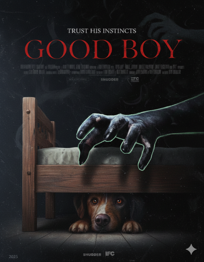 alt="Poster for the 2025 horror film 'Good Boy' showing a dog peeking nervously from under a bed while a large clawed hand with glowing green edges reaches down from above, with the tagline 'Trust His Instincts' and the title in bold red letters."
