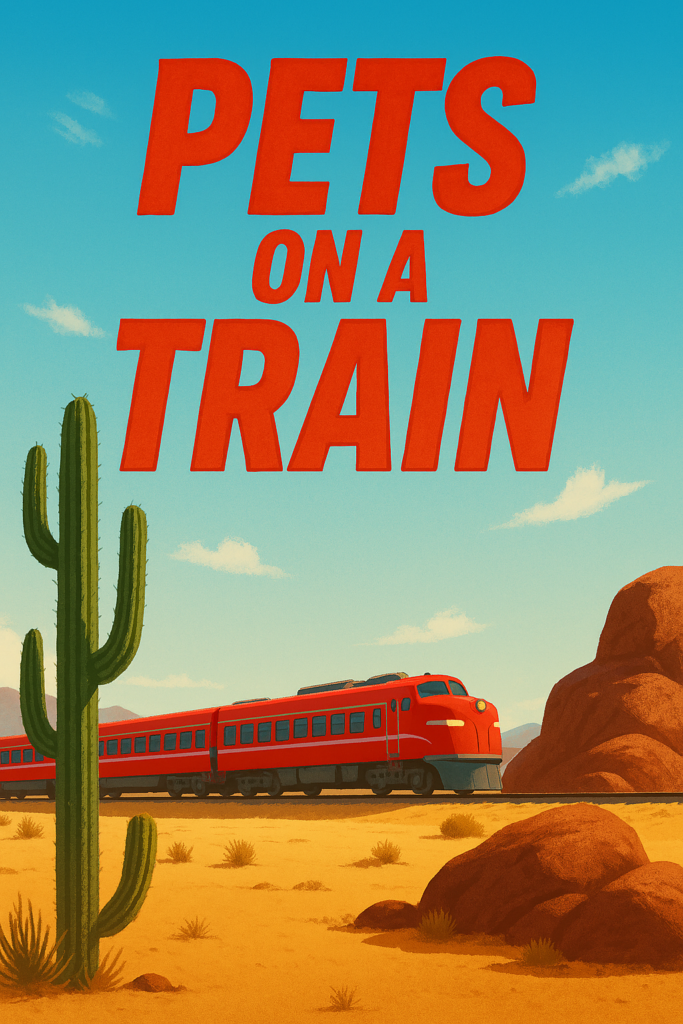 alt="Poster for the 2025 film 'Pets on a Train' featuring a red passenger train traveling through a desert landscape with cacti and rock formations under a blue sky."
