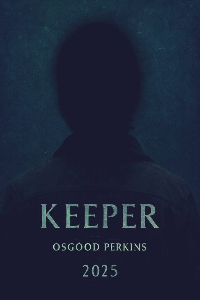 alt="Poster for the 2025 film 'Keeper' showing the shadowed silhouette of a person seen from behind against a textured dark blue background, creating a mysterious, suspenseful tone beneath the film’s title and director credit."
