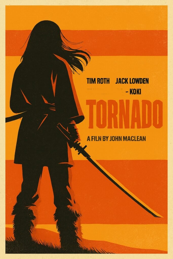 alt="Poster for 'Koki: Tornado' featuring a silhouetted sword‑wielding figure against an intense orange and red background with cast names and director credit."
