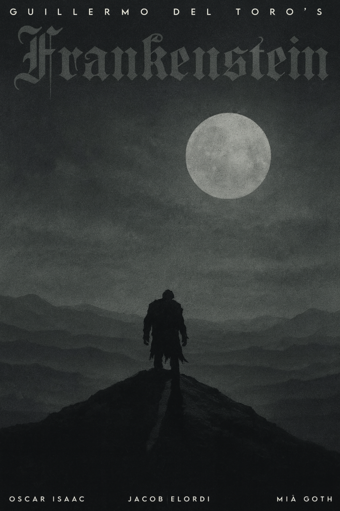 alt="Poster for the 2025 film 'Frankenstein' showing a lone silhouetted figure standing on a rocky peak under a large full moon in a dark, misty landscape, with the title 'Guillermo del Toro’s Frankenstein' above."