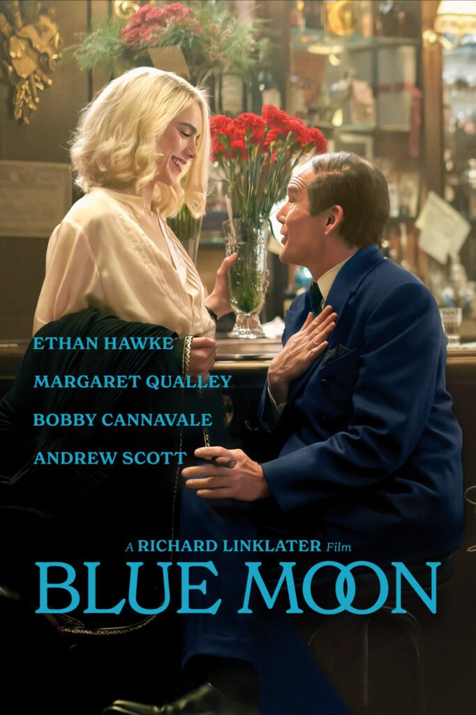 alt="Poster for the film 'Blue Moon' showing a woman smiling and holding red carnations in a warmly lit vintage bar as a man in a blue suit looks up at her with his hand on his chest, with cast names and the title displayed above and below."