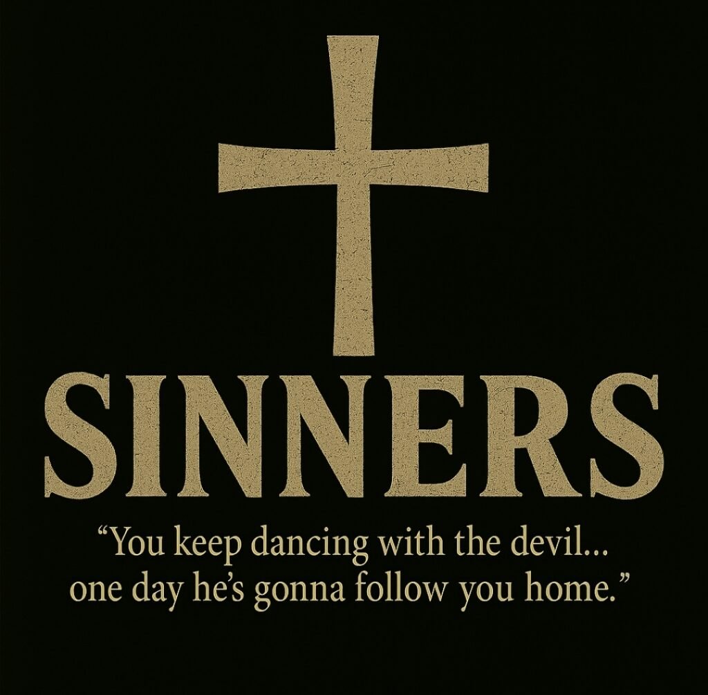 alt="Poster for 'Sinners' featuring a gold cross and bold textured lettering on a black background with the quote about dancing with the devil."