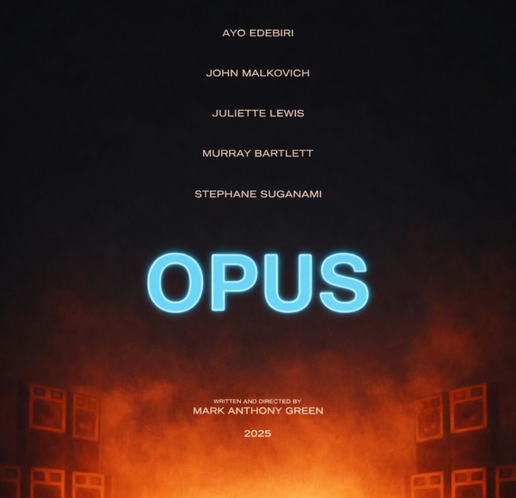 alt="Movie poster for 'Opus' featuring glowing blue title text against a dark smoky background with cast names above and 2025 release credits below."