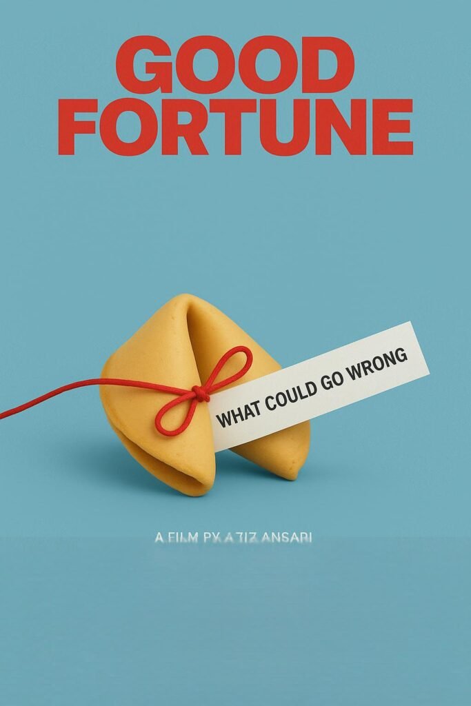 alt="Poster for the film 'Good Fortune' featuring a fortune cookie tied with a red string against a light blue background, with a slip reading 'What Could Go Wrong' beneath the bold red title and a credit noting it is a film by Aziz Ansari."
