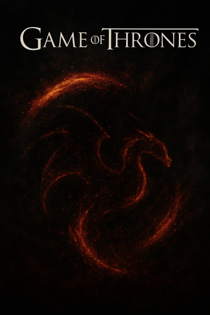 alt="Poster for 'Game of Thrones' featuring the series title above a fiery dragon formed from swirling embers and smoke against a dark background."
