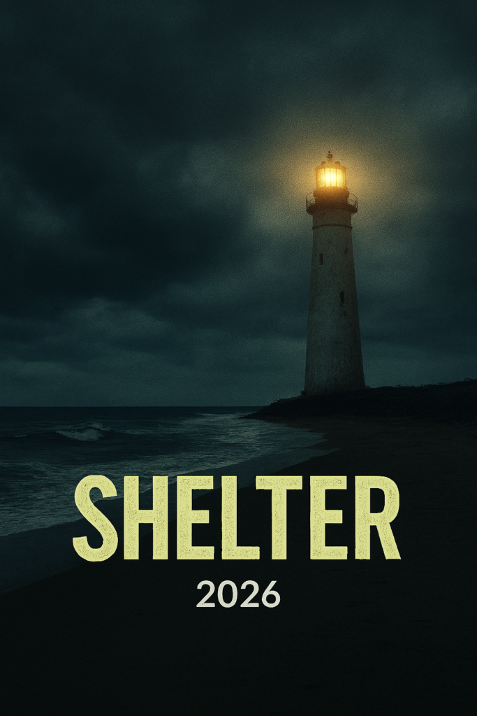 alt="Poster for the 2026 film 'Shelter' showing a lighthouse glowing warmly on a rocky coast at night, surrounded by dark storm clouds and crashing waves, with the title and release year at the bottom."
