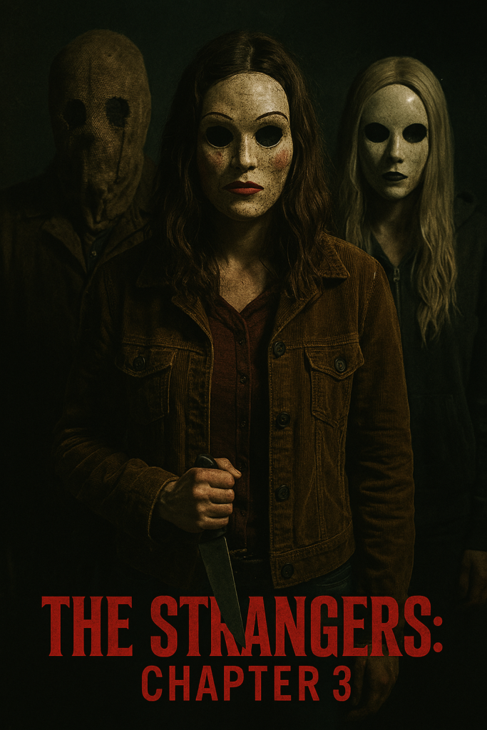 alt="Poster for the 2026 film 'The Strangers: Chapter 3' showing three masked figures standing in the dark—a central figure holding a large knife in a doll-like mask, flanked by a person in a burlap sack mask and another in a pale mask with long blonde hair—creating an ominous, threatening scene beneath the film’s title."
