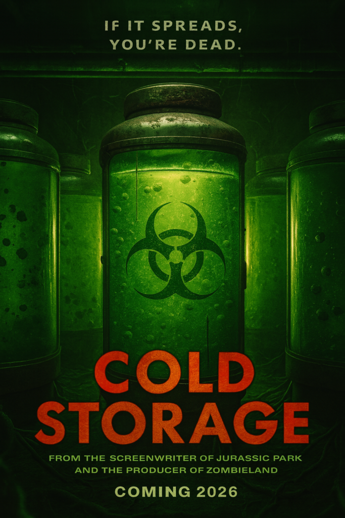 alt="Poster for the 2026 film 'Cold Storage' showing rows of large cylindrical tanks filled with glowing green fluid, the central tank marked with a biohazard symbol, set against a dark industrial background with the tagline 'If it spreads, you're dead' above the title."
