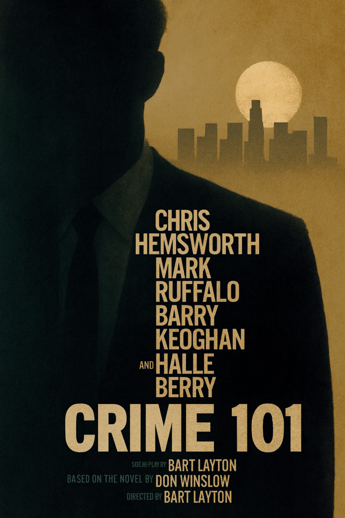 alt="Poster for the film 'Crime 101' showing the silhouette of a man in a suit standing before a city skyline and a large setting sun, with the cast names and title displayed in bold text."
