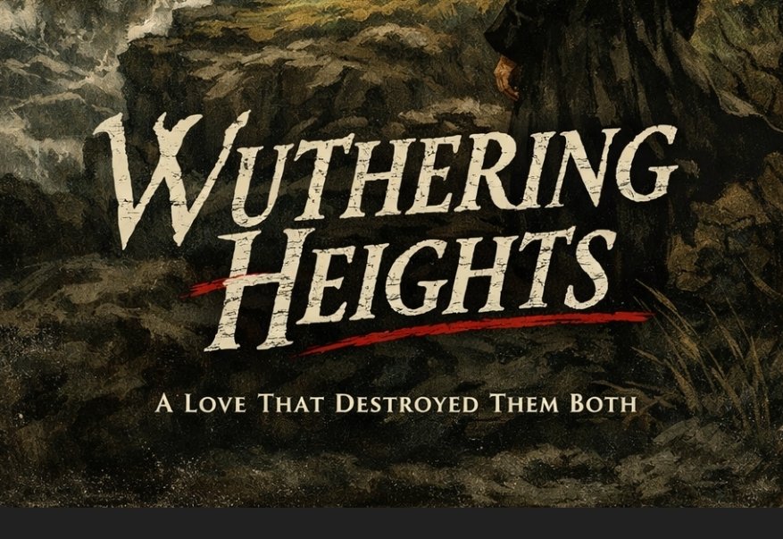 **Alt attribute:**

`alt="Title graphic for 'Wuthering Heights' in distressed white lettering with a red underline, set against a dark, stormy moor landscape with the tagline 'A Love That Destroyed Them Both'"`
