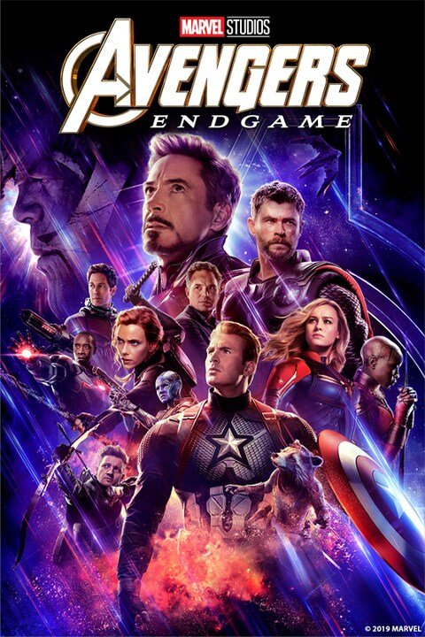 Alt = "Promotional poster for Marvel Studios' Avengers: Endgame, featuring multiple Marvel superheroes in a dramatic, cosmic-themed composition with a purple and blue background Marvel reunion."