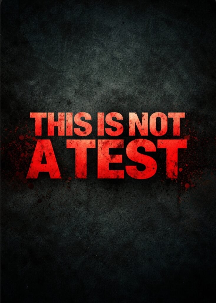 Alt = Movie poster for This Is Not a Test with bold red title text on a dark, horror-themed background, 2025 horror film aesthetic