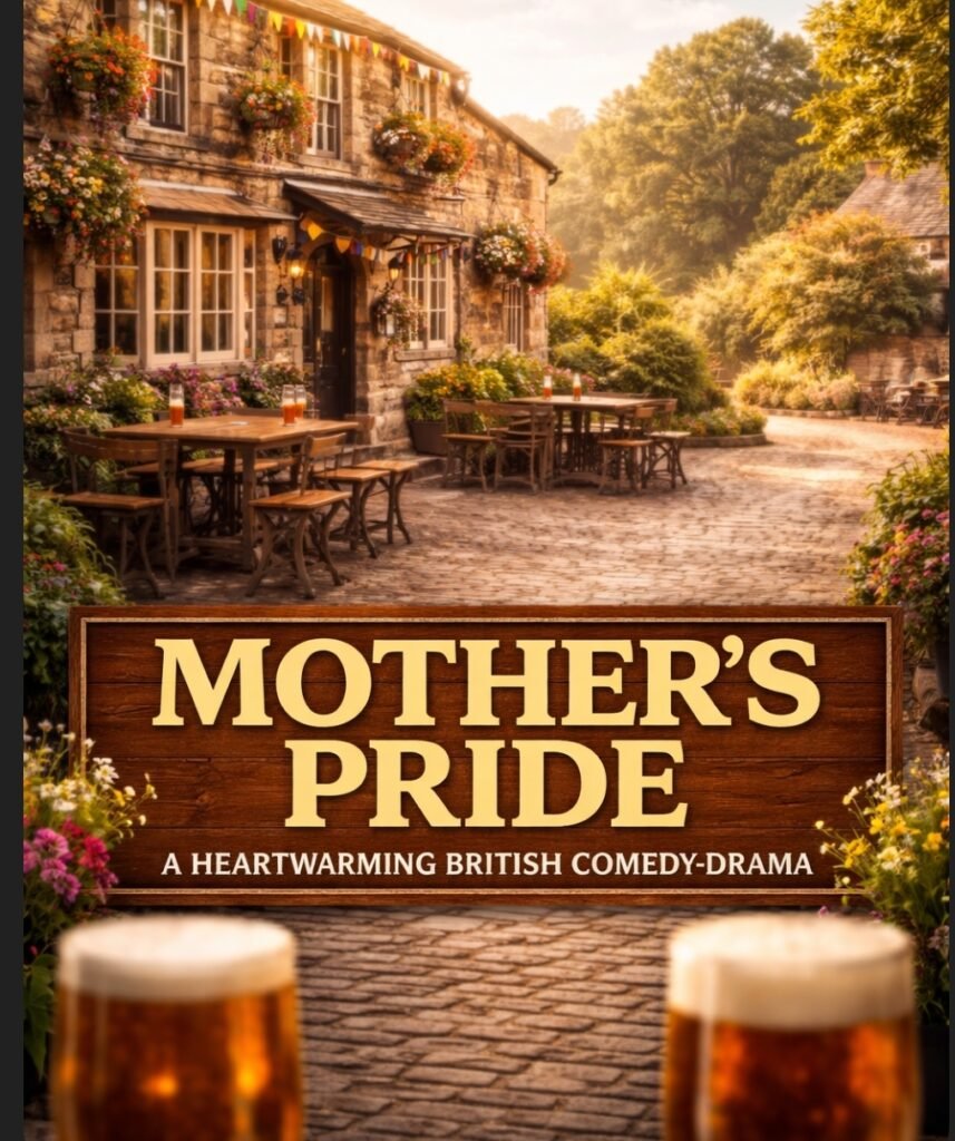 alt="Mother’s Pride 2026 movie poster showing a traditional British village pub with outdoor seating, flowers, and beer, highlighting a warm comedy-drama setting"