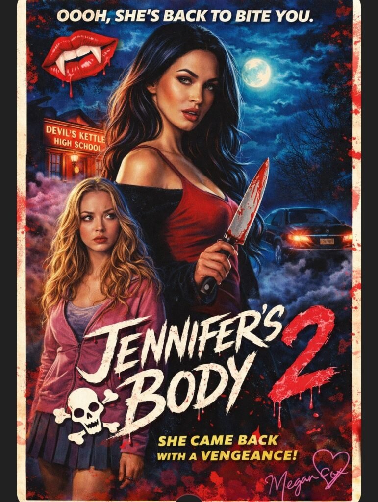 Alt text:
Alternative retro-style poster for Jennifer’s Body 2 featuring a dark-haired woman holding a bloody knife and a blonde girl standing beside her, set outside a high school at night with neon lights and horror elements