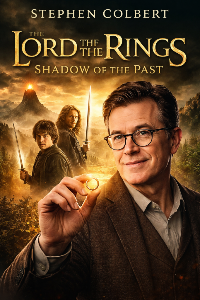 Alt = Stephen Colbert holding the One Ring in a Lord of the Rings: Shadow of the Past promotional poster with Frodo, Aragorn, and Gandalf in a cinematic Middle-earth landscape behind him. Stephen Colbert Lord of the Rings movie
