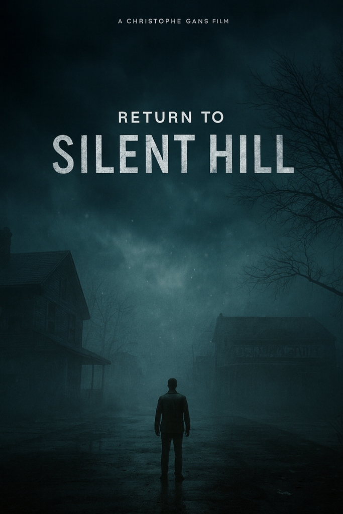 alt="Poster for 'Return to Silent Hill' showing a lone figure standing in the middle of a fog‑covered street, surrounded by dark, empty buildings and bare trees, with the film’s title above the misty, ominous scene."
