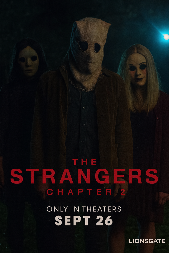 alt="Poster for 'The Strangers: Chapter 2' featuring three masked figures standing in a dark, eerie setting, including a central figure in a burlap sack mask and two doll‑masked figures beside them, with the film’s title and September 26 theatrical release date displayed below."
