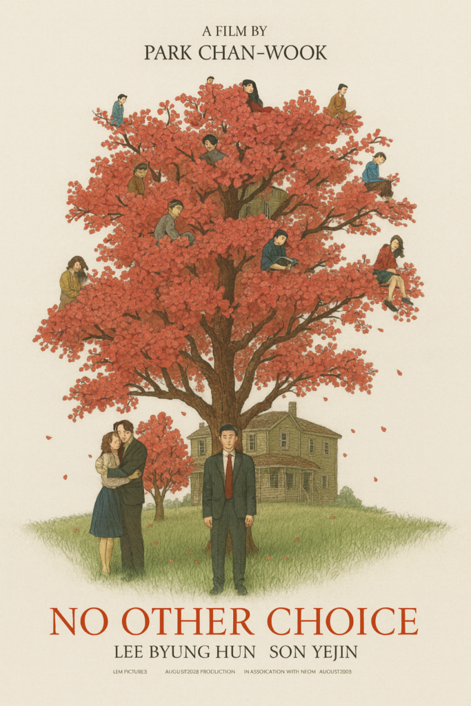 alt="Poster for the film 'No Other Choice' showing a large red‑leafed tree filled with people sitting among its branches, while three figures stand on the grass below—a man alone in the center and a couple embracing to the left—with a house in the background and the film’s title and credits above."

