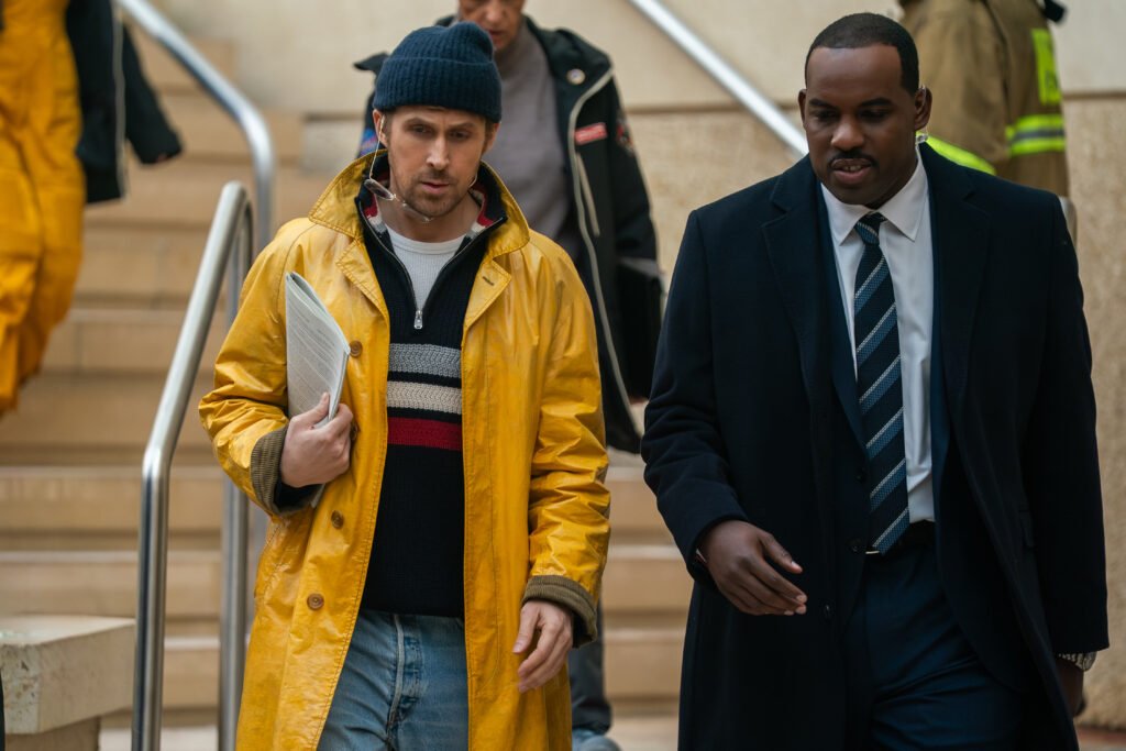 Alt = Ryan Gosling stars as Ryland Grace and Lionel Boyce as Carl on set, from Amazon MGM Studios/Sony Pictures.
