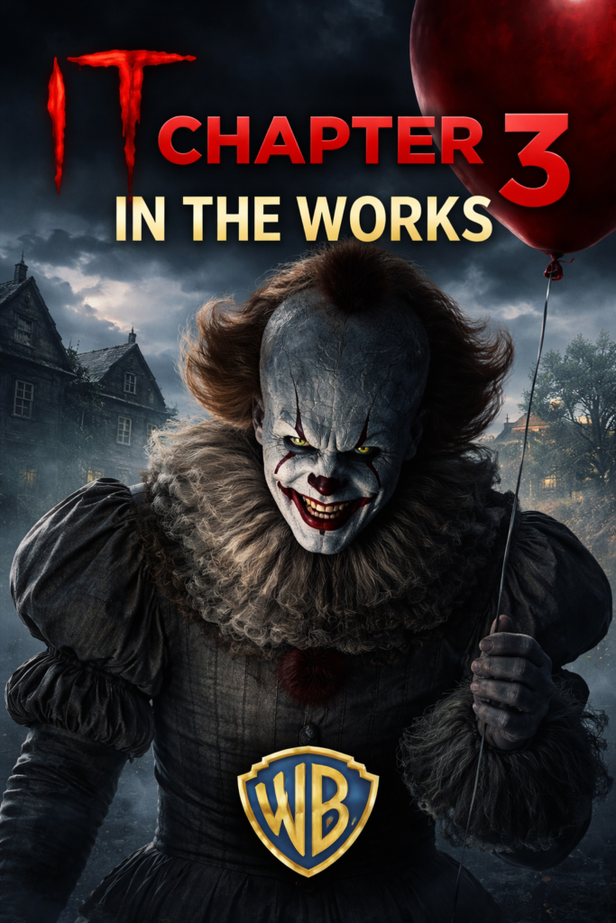 Alt = Pennywise holding a red balloon in a dark Derry setting with text announcing IT Chapter 3 in development at Warner Bros