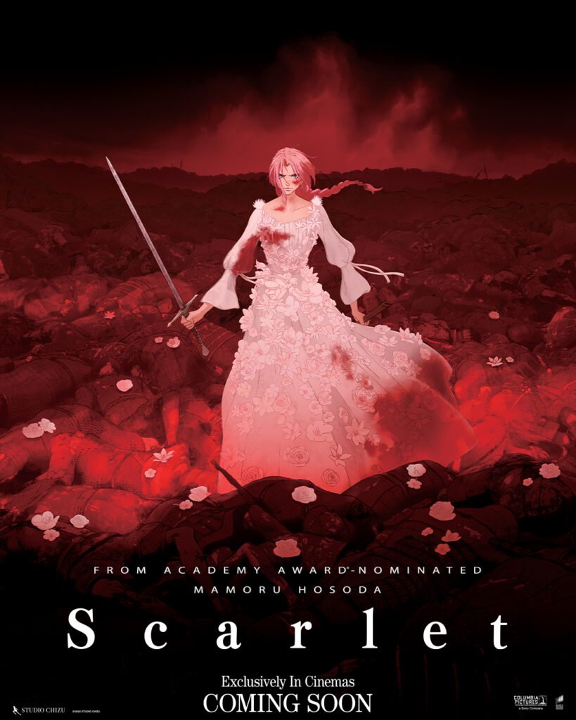Alt = Movie poster for the 2026 film “Scarlet,” featuring a pink‑haired heroine in a blood‑stained white gown holding a sword in a red battlefield, used for a Scarlet anime movie review.