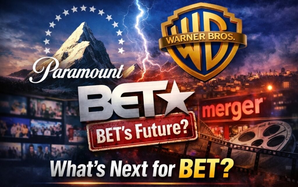 Alt = "Paramount and Warner Bros logos with BET logo and text 'BET’s Future?' over a cityscape, film reel, and streaming interface highlighting the merger and BET’s uncertain future." Paramount may close BET