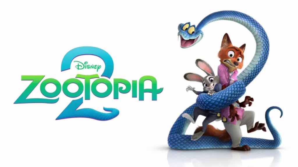 alt="Poster for the animated film 'Zootopia 2' featuring Judy Hopps and Nick Wilde tangled in the coils of a large blue snake shaped like the number two, with the stylized green and blue title above them."
