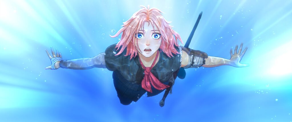Alt = Movie still from the 2026 film “Scarlet,” showing a pink‑haired heroine floating in a glowing blue underwater scene with a sword on her back, used for a Scarlet anime movie review.