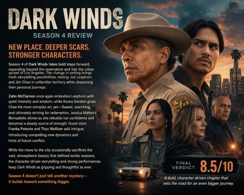 Alt = Promotional review poster for Dark Winds Season 4. The image features Zahn McClarnon as Joe Leaphorn and Kiowa Gordon as Jim Chee in the foreground, with Jessica Matten as Bernadette and guest stars Franka Potente and Titus Welliver in the background. The city skyline of Los Angeles glows at dusk behind them, blending desert and urban settings. Text on the poster summarises the season's review, praising the character-driven storytelling, performances, and thematic depth, with a final verdict of 8.5/10.*