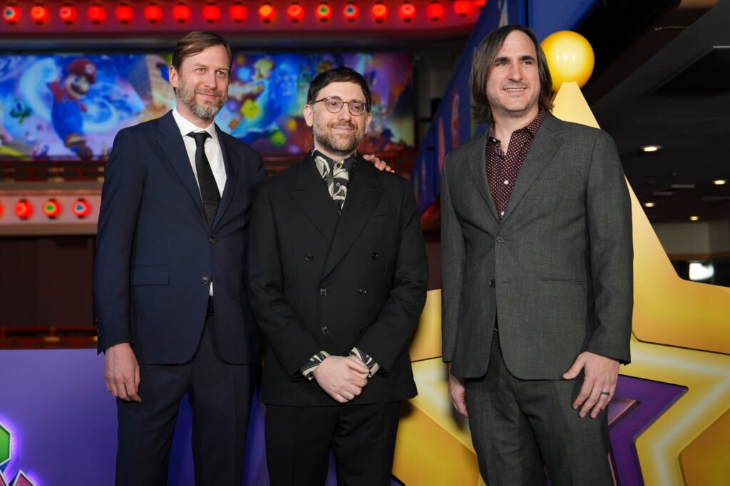 Alt = Aaron Horvath, Matthew Fogel and Michael Jelenic pose for a photo as Universal Pictures, Nintendo and Illumination present the premiere of "The Super Mario Galaxy Movie" at Minamiza Theater on March 28, 2026 in Kyoto, Japan. (Photo by Tomohiro Ohsumi/Getty Images for Universal Pictures, Nintendo and Illumination)