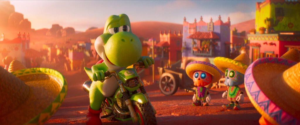 Alt = L to R: Yoshi (Donald Glover) and the Tostarenan in Nintendo and Illumination’s The Super Mario Galaxy Movie, directed by Aaron Horvath and Michael Jelenic.