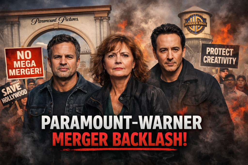 Alt text: Actors protest outside Paramount and Warner Bros studios during Paramount Warner merger Actors backlash with signs opposing the deal