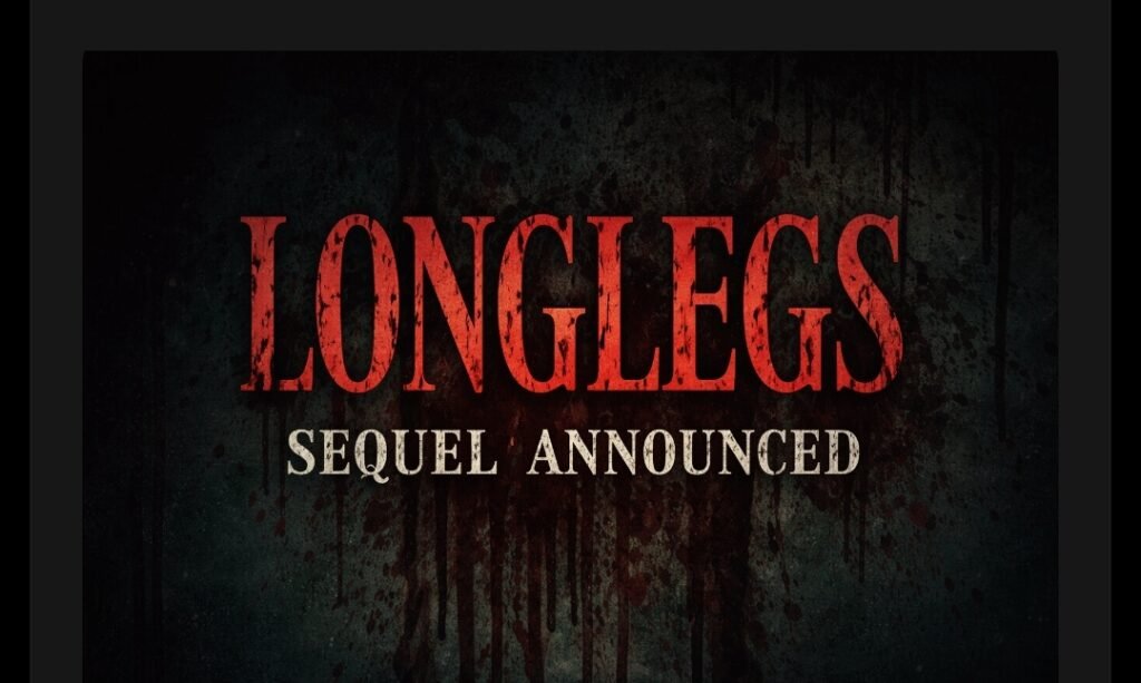 Alt = Dark horror-style title card featuring “Longlegs” in bold red text with “Sequel Announced” beneath it, illustrating the Longlegs sequel announcement.
