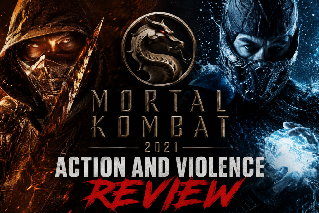 Alt = Mortal Kombat 2021 action violence review poster featuring Scorpion and Sub-Zero facing each other with fire and ice effects.