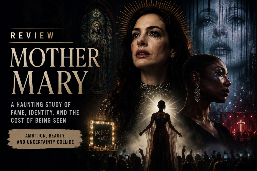 Alt = Mother Mary movie review poster showing haunting celebrity imagery, emotional isolation, stage lighting, and symbolic fame-driven visuals.
