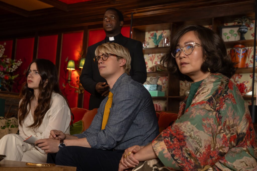 Alt = (L to R) Molly Gordon stars as Rebecca Hampstead, Kobna Holbrook-Smith as Reverend Hillcoate, Nicholas Galitzine as Elliot Matthews and Hong Chau as Beth Pennock in THE SHEEP DETECTIVES, from Amazon MGM Studios.
Photo credit: Alex Bailey
© 2026 Amazon Content Services LLC. All Rights Reserved.