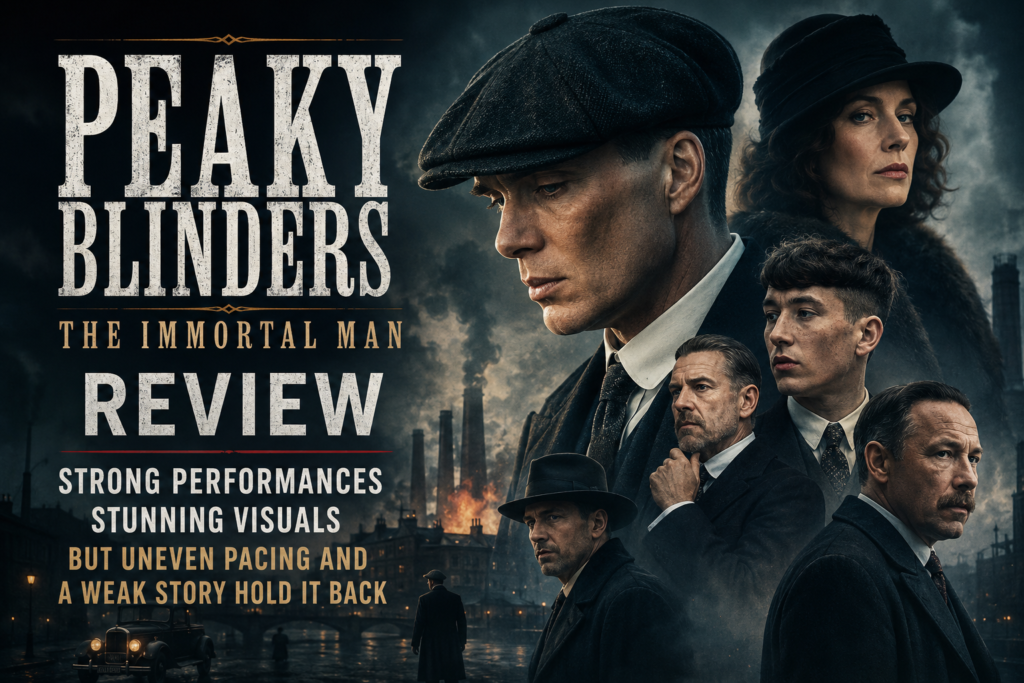 Alt = Peaky Blinders: The Immortal Man review poster featuring Tommy Shelby and supporting characters against a dark industrial Birmingham backdrop.