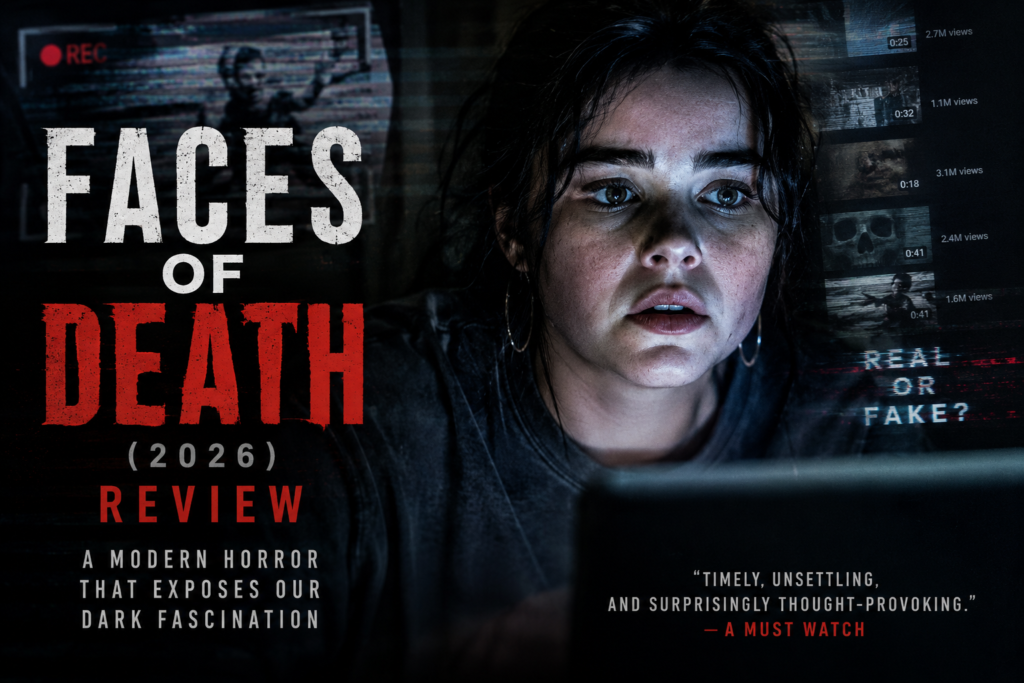 Alt = Faces of Death (2026) review featuring a young woman illuminated by a computer screen, surrounded by glitch effects, video feeds, and dark horror imagery reflecting the film's themes of social media, voyeurism, and digital-age fear.