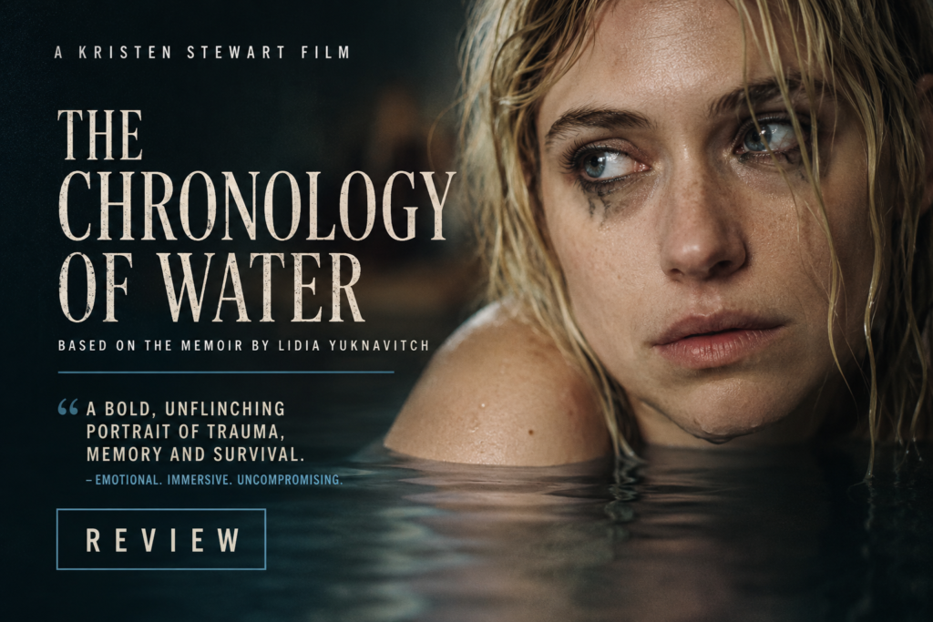 `alt="The Chronology of Water review artwork showing a distressed woman partially submerged in water, reflecting the film’s themes of trauma, memory, and survival"`
