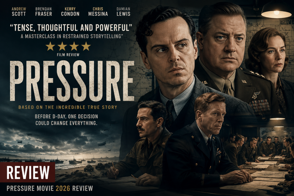 Alt = Pressure movie 2026 review cinematic poster showing WWII war room strategy with Andrew Scott and Brendan Fraser in a tense historical drama setting