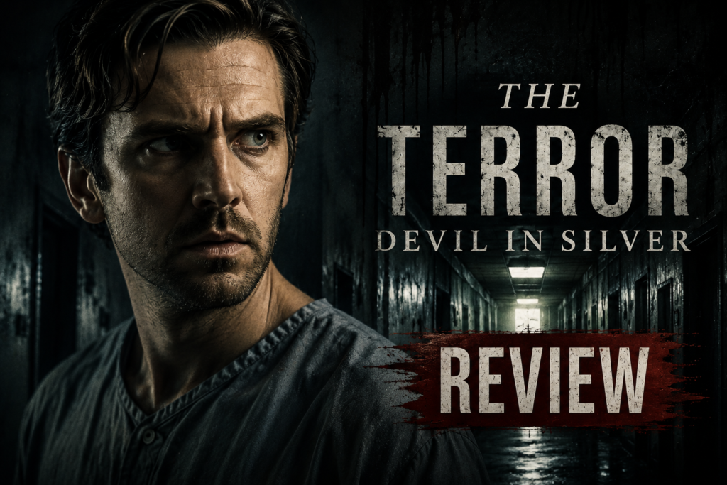 Alt Text:
The Terror: Devil in Silver review featured image showing Dan Stevens as Pepper standing in a dark psychiatric hospital corridor surrounded by ominous shadows.