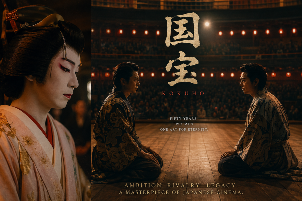 alt="Kokuho historical drama film review artwork showing kabuki performers, theatrical makeup, and rival actors facing each other on stage under warm lighting"`

