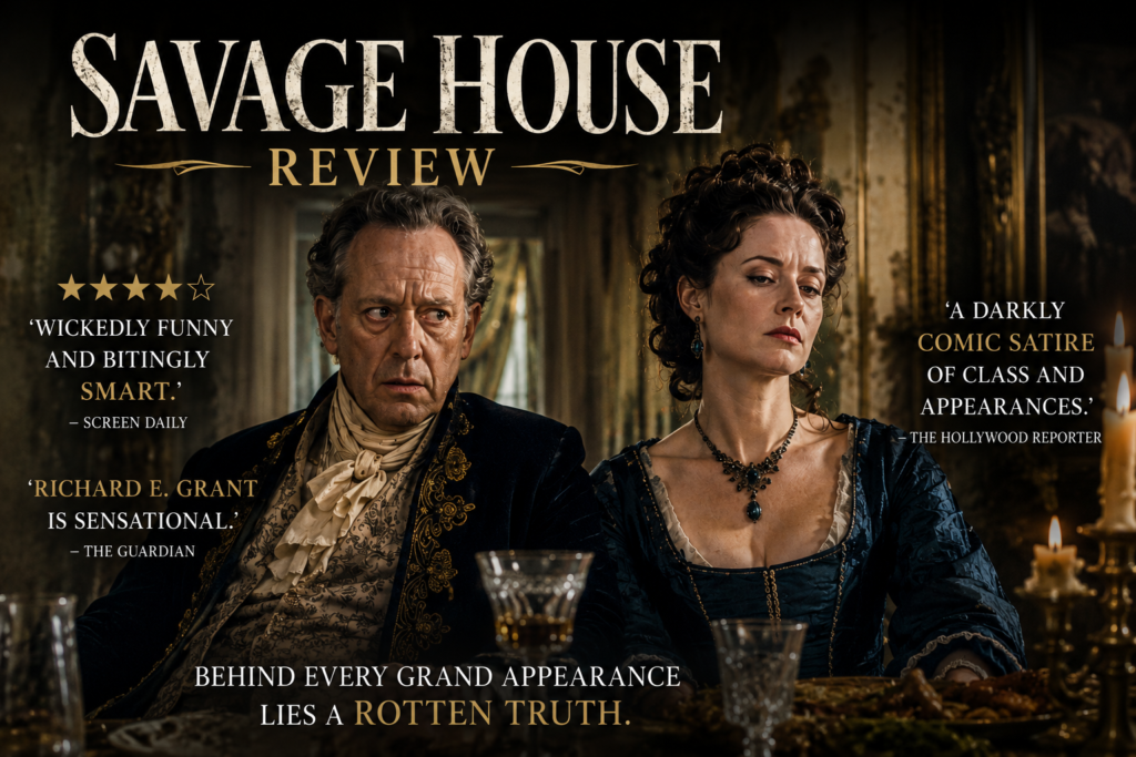 Alt = Savage House review featuring Sir Chauncey and Lady Savage seated in their decaying manor, highlighting the film's dark comedy and period drama aesthetic.