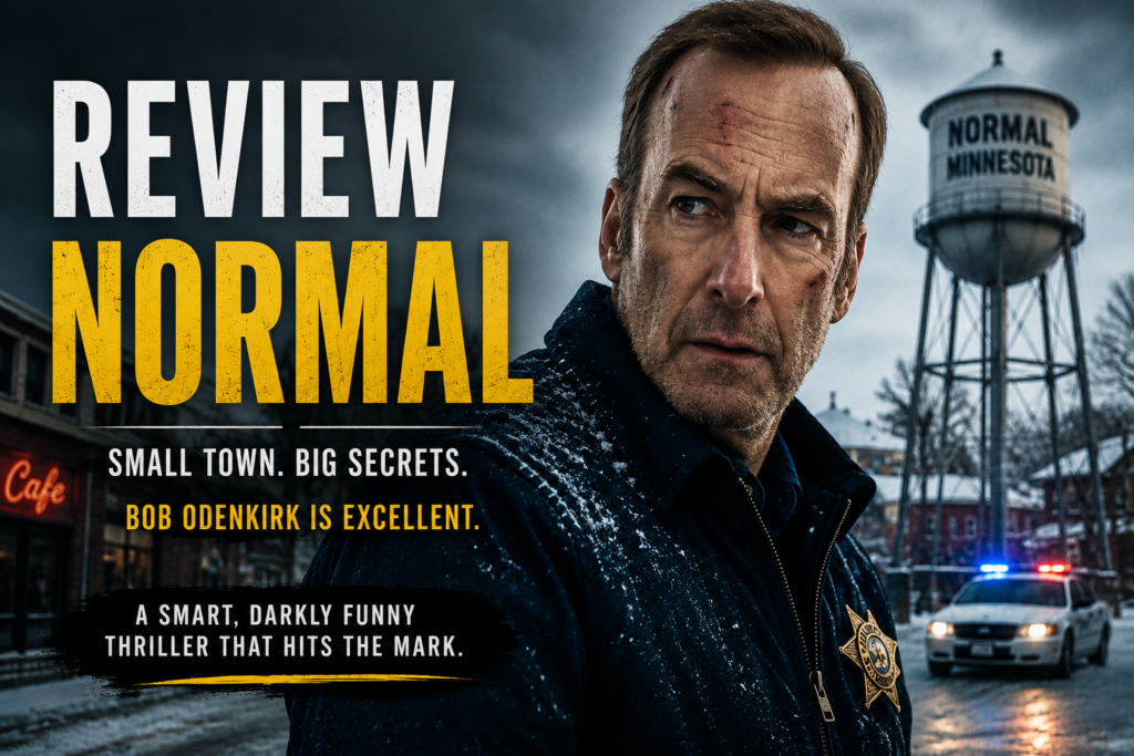 Alt = Normal movie review thumbnail featuring a snowy small-town sheriff, dramatic winter landscape, and bold editorial artwork inspired by the film's mystery and action themes.