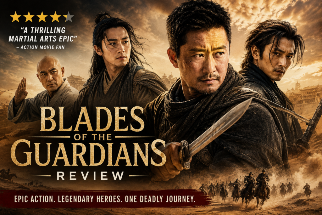 Alt = Blades of the Guardians review artwork featuring desert warriors, sword fights, horseback battles, and an epic wuxia adventure directed by Yuen Woo-ping